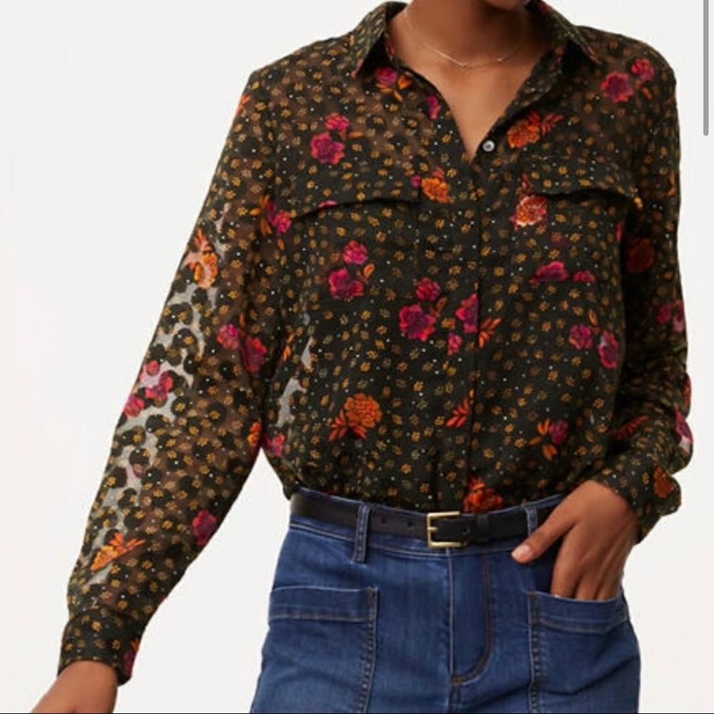 Loft Sheer Floral Button Collared Petite Blouse - image 2